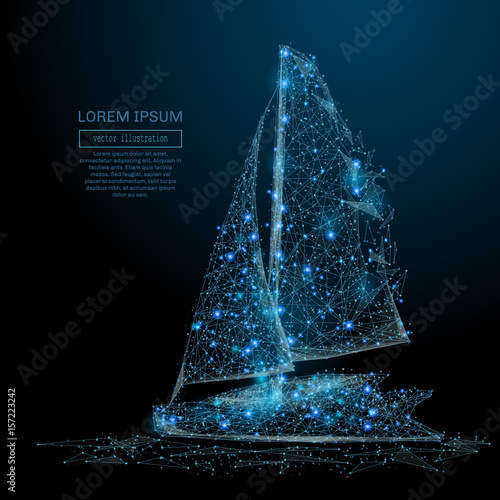 Polygonal Sailing yacht. Sea business concept. Vector Sailboat mesh spheres from flying debris. Thin line concept. Blue structure style illustration