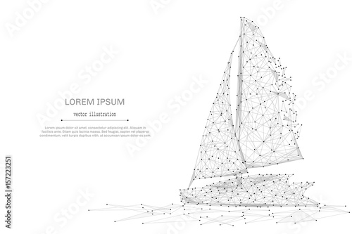 Abstract mash line and point Sailing yacht on white background with an inscription. Starry sky or space, consisting of stars and the universe. Vector Sailboat business illustration
