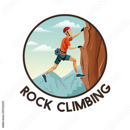 color circular frame with scene landscape man climbing rock mountain without equipment vector illustration