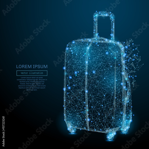 Polygonal Suitcase for travel. Recreation or travel concept. Vector mesh spheres from flying debris. Thin line concept. Blue structure style illustration