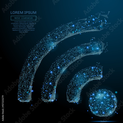 Polygonal wi-fi icon. The Internet concept. Vector technology mesh spheres from flying debris. Thin line concept. Blue structure style illustration