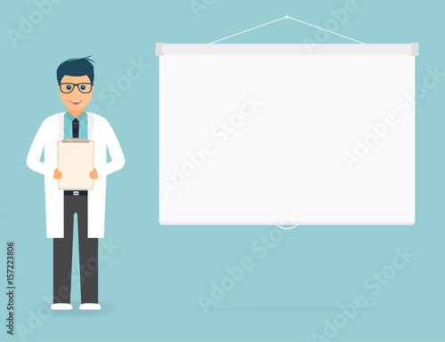 Doctor with medical clipboard in hands, projection screen on background. Doctor on presentation. Handsome young doctor in glasses.