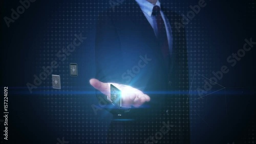 Businessman open palm, Devices connecting IoT typo, artificial intelligence. Internet of things. photo