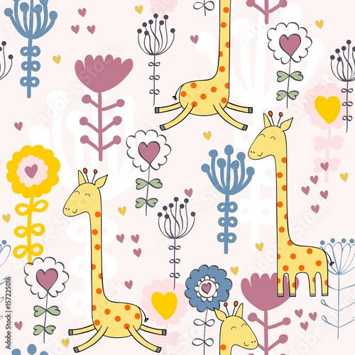 Vector drawn seamless floral pattern with giraffe