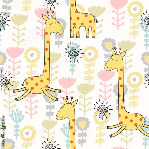 Vector drawn seamless floral pattern with giraffe