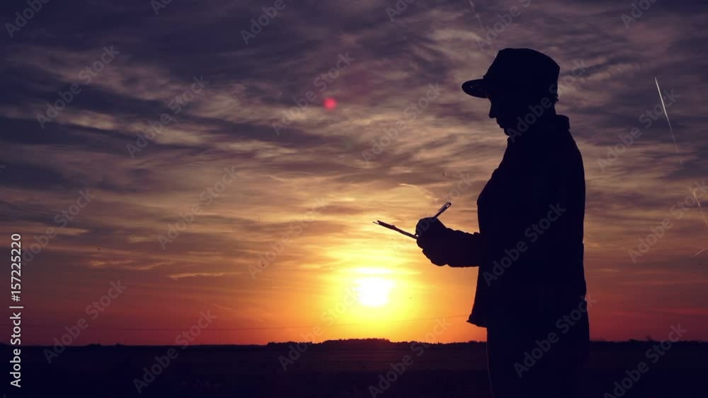 Silhouette of female farmer writing notes in cultivated field in sunset, dedicated agricultural activity in control of crops growth and development Silhouette of female farmer writing notes in cultivated field in sunset, dedicated agricultural activity in control of crops growth and development