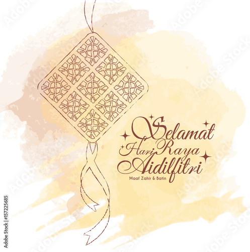 Hari Raya Aidilfitri greeting card template design. Hand drawn ketupat on vector watercolor background. (translation: Fasting Day of Celebration, I seek forgiveness, physically and spiritually)