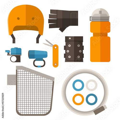 Bike accessories set in flat design. Cycling equipment vector icons. Including bycycle helmet, protective gloves, water bottle, basket, cable lock, light, bell ring and multitool.