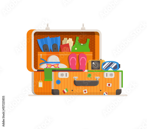 Summer travel suitcase stuffed with  vacation clothes and things for summertime holidays. Opened full suit case with stickers. Overstuffed yellow luggage concept vector illustration in flat design.