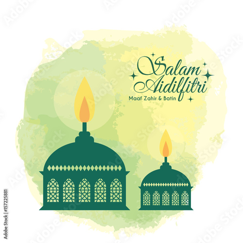 Hari Raya Aidilfitri greeting card template design. Muslim oil lamp (pelita) on green watercolor background. (caption: Fasting Day of Celebration, I seek forgiveness, physically & spiritually)