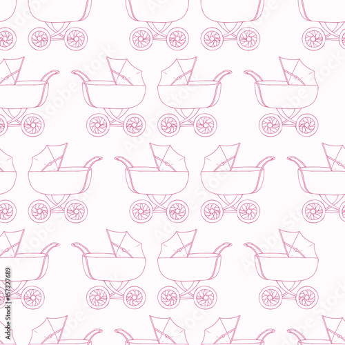 Seamless pattern baby carriage for doughter. Baby girl wallpaper. Pink textile.
