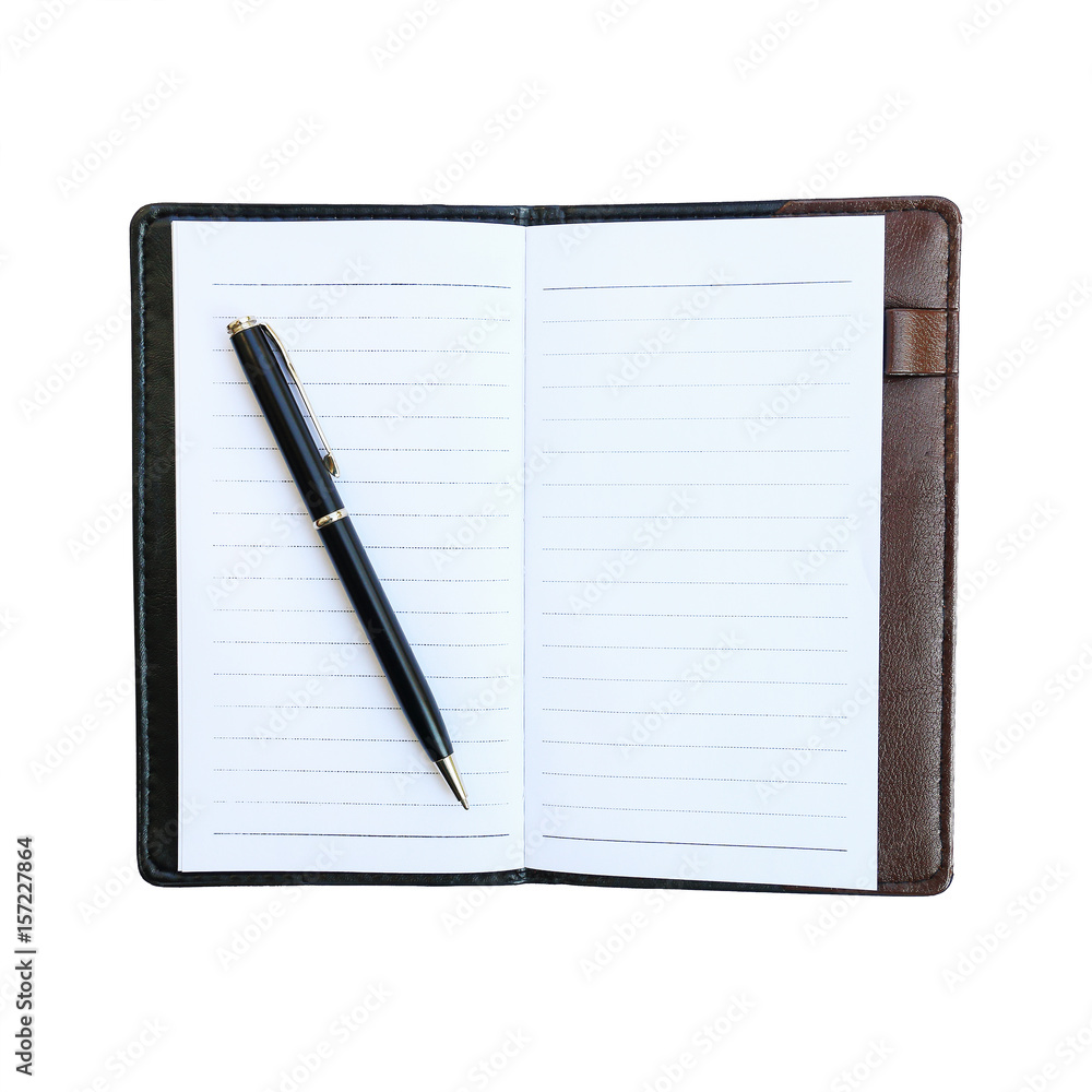 black business pen on notebook with leather case isolated on white black business pen on notebook with leather case isolated on white
