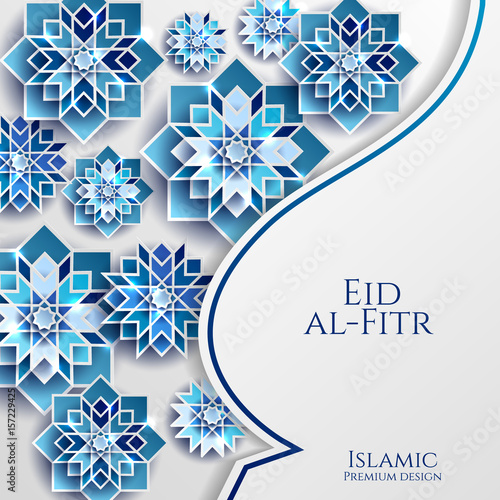 Ramadan Kareem celebrate greeting card or illustration with paper cutting style with bright colored arabic islamic geometric pattern art. Islamic decoration. Eid al Fitr. Iftar. Template for flyer.