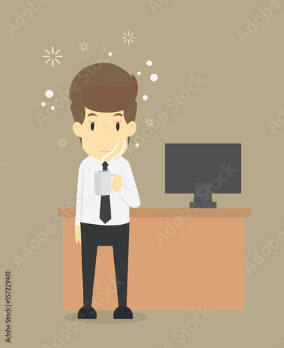 Businessman tired and lazy drink coffee because of drowsiness need relax his need more coffee