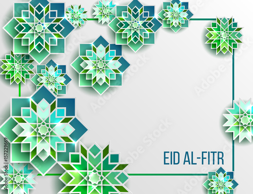 Ramadan Kareem celebrate greeting card or illustration with paper cutting style with bright colored arabic islamic geometric pattern art. Islamic decoration. Eid al Fitr. Iftar. Template for flyer.