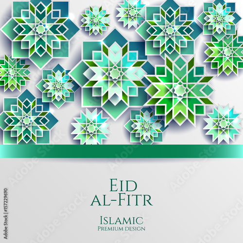 Ramadan Kareem celebrate greeting card or illustration with paper cutting style with bright colored arabic islamic geometric pattern art. Islamic decoration. Eid al Fitr. Iftar. Template for flyer.