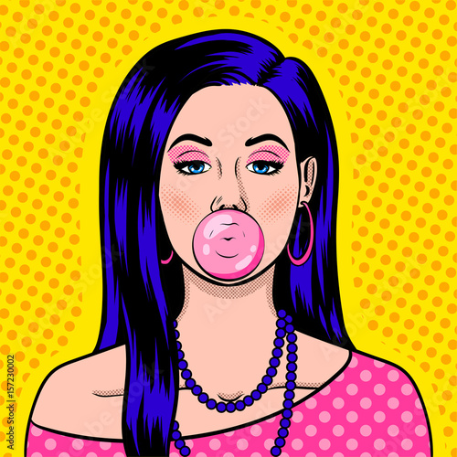 Girl with bubble gum pop art style vector