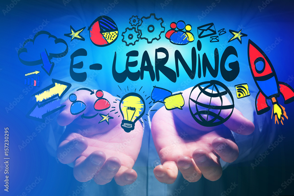 Concept of man holding interactive interface with e-learning title and ...