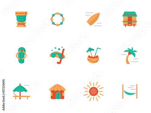 Hawaiian vacations flat color vector icons set