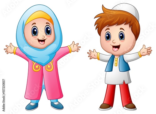 Happy muslim kid cartoon isolated on white background