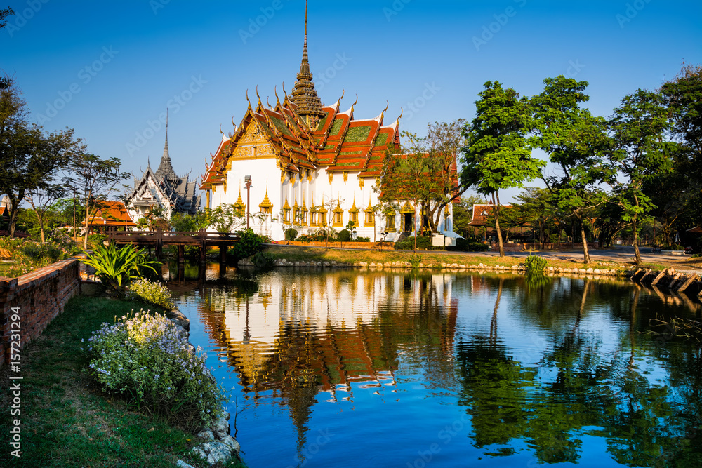 Amazing view of beautiful Dusit Maha Prasat Palace (The Grand Palace). Location: Ancient City Park, Muang Boran, Samut Prakan province,  Bangkok, Thailand. 