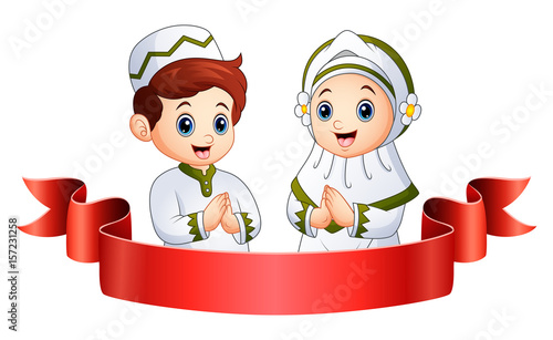 Muslim kid greeting with red ribbon