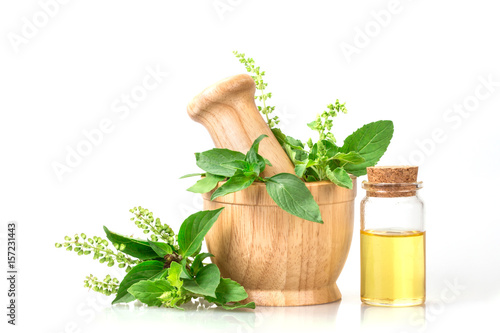  basil in wooden mortar with essential oil , alternative herbal medicine and aromatherapy concept