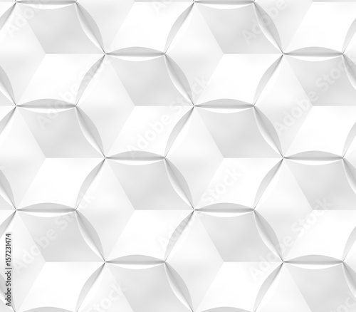 White seamless geometric texture. Origami paper style. Hexagonal elements. 3D rendering background.