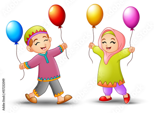 Happy cartoon kid holding balloon to celebrate eid mubarak
