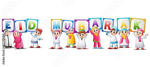 Happy cartoon kid celebrate eid mubarak