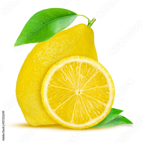 Lemon. Fruit with half and leaves isolated on white