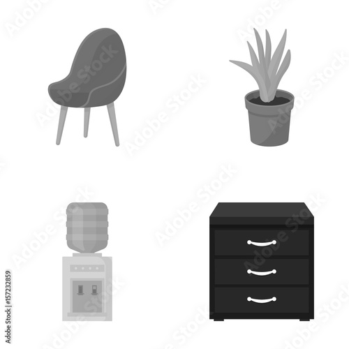 A red chair with a comfortable back, an aloe flower in a pot, an apparatus with clean water, a cabinet for office papers. Office Furniture set collection icons in monochrome style vector symbol stock