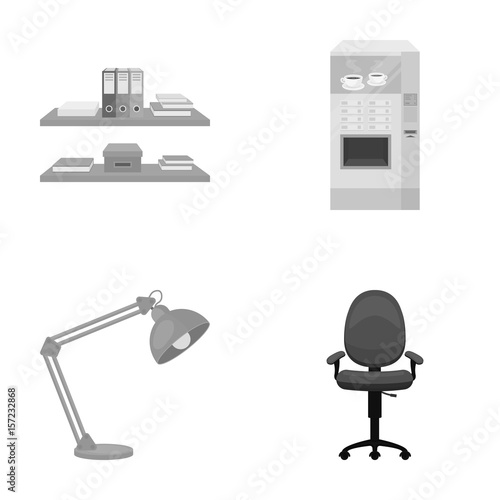 Shelves, folders and notebooks with business records, a coffee machine with cups, an armchair with a backrest on wheels, a desk lamp. Office Furniture set collection icons in monochrome style vector