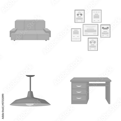 Comfortable sofa, letters and diplomas within the framework, an office ceiling lamp, a desk with drawers. Office Furniture set collection icons in monochrome style vector symbol stock illustration web