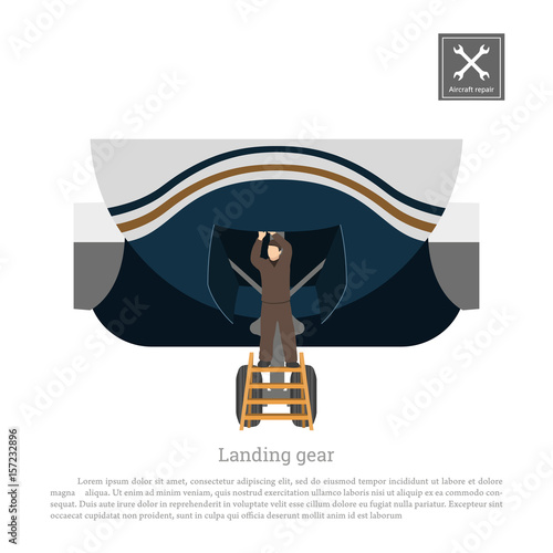 Repair and maintenance of aircraft. Engineer checks the landing gear of airplane. Industrial drawing in a flat style