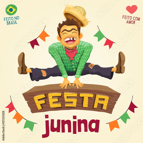 Festa Junina (Brazilian June Party) - Happy peasant jumping over sign / Made in Brazil - Made with love - Detailed vector cartoon for june party themes.
