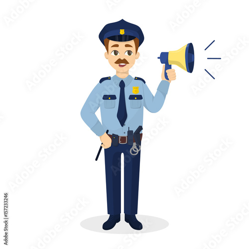 Isolated policeman with megaphone.
