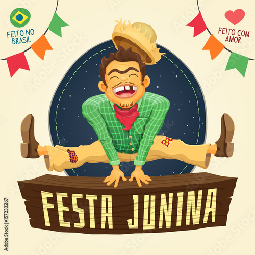 Festa Junina (Brazilian June Party) - Happy peasant jumping over sign / Made in Brazil - Made with love - Detailed vector cartoon for june party themes.