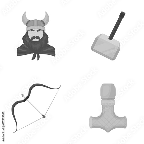 Viking in helmet with horns, mace, bow with arrow, treasure. Vikings set collection icons in monochrome style vector symbol stock illustration web.