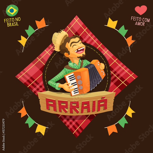 Arraia (means village, also name June Parties) - Accordion player logo / Made in Brazil - Made with love - Creative vector cartoon logo for june party themes