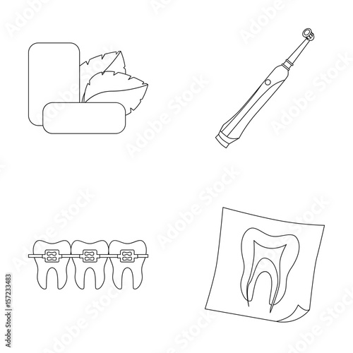 Mint chewing gum with mint leaves, toothbrush with bristles, bregettes with teeth, X-ray of the tooth. Dental care set collection icons in outline style vector symbol stock illustration web.