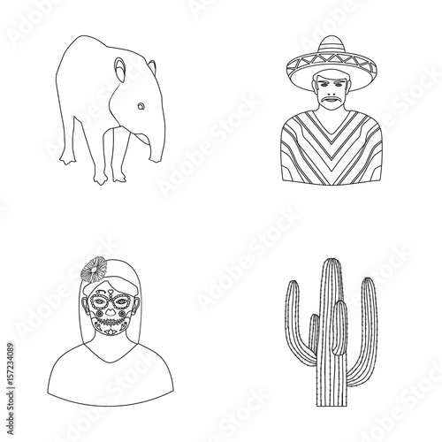 Tapir Mexican animal, a Mexican in national clothes in a poncho, a woman with a flower, a cactus. Mexico country set collection icons in outline style vector symbol stock illustration web. photo