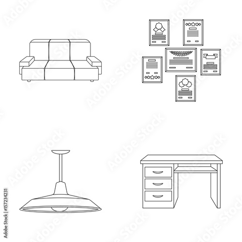Comfortable sofa, letters and diplomas within the framework, an office ceiling lamp, a desk with drawers. Office Furniture set collection icons in outline style vector symbol stock illustration web.