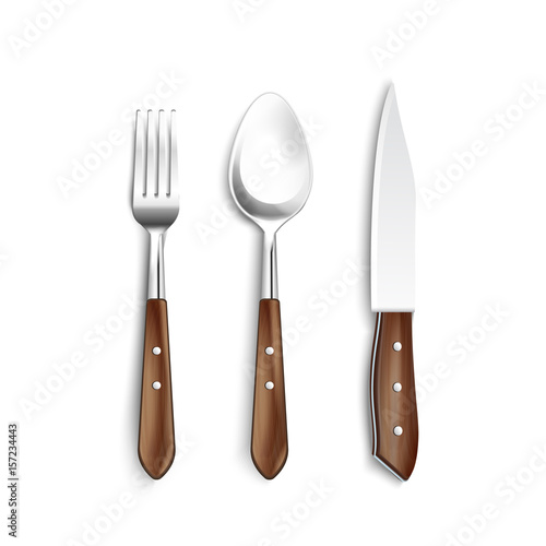 Cutlery With Wooden Handle Realistic Set