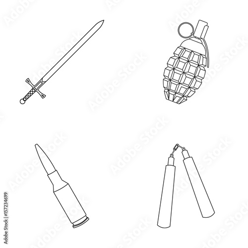 Sword, hand grenade, cartridge, nunchaki. Weapons set collection icons in outline style vector symbol stock illustration web. photo