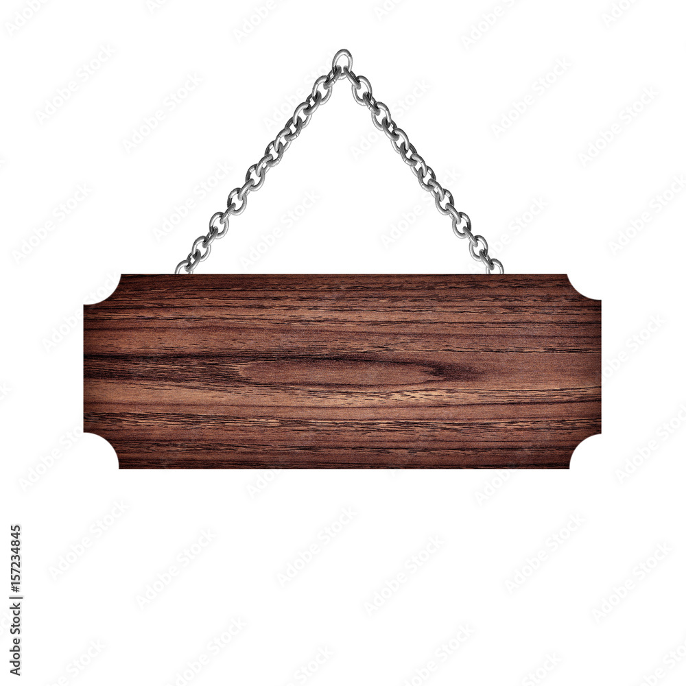 Wooden sign hanging on a chain isolated on white