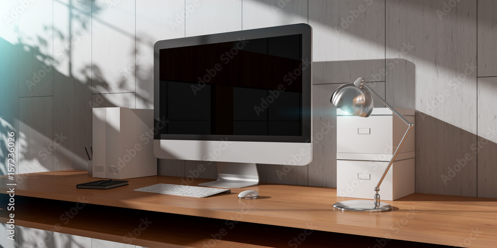 Modern dark desk office interior with computer and devices 3D rendering Modern dark desk office interior with computer and devices 3D rendering