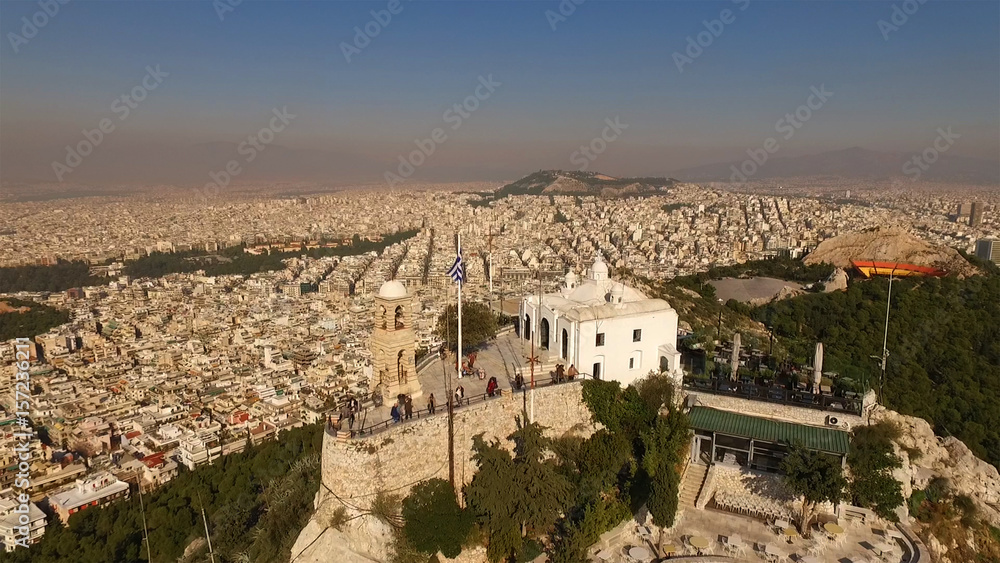 Obraz premium Aerial drone photo of Lycabettus hill, Athens historic center, Attica, Greece