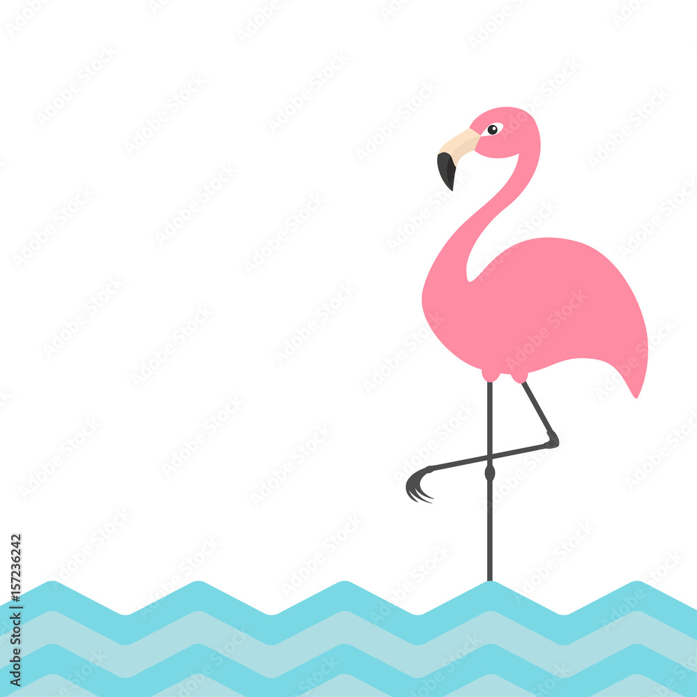 Fototapeta premium Pink flamingo. Blue sea ocean water zigzag wave. Exotic tropical bird. Zoo animal collection. Cute cartoon character. Decoration element. Flat design. White background. Isolated.