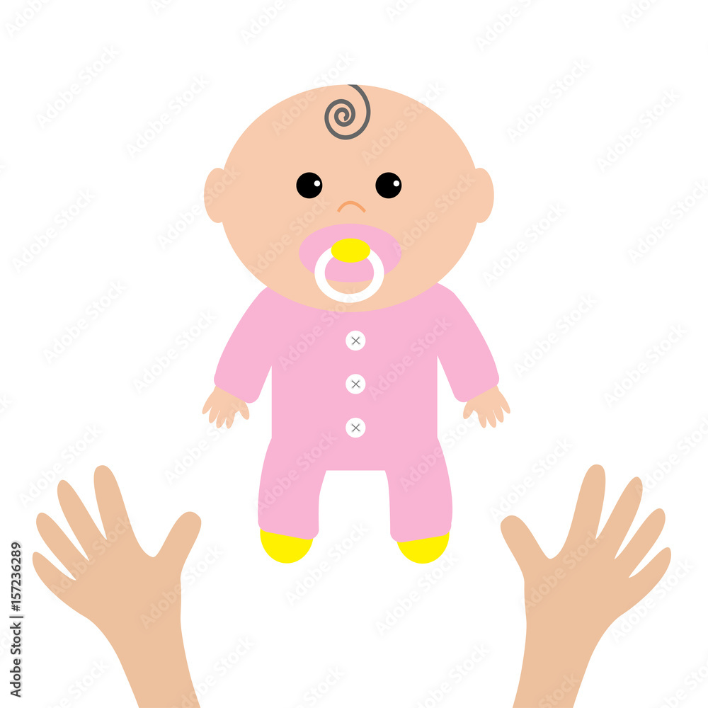 Two human hands. Mother care. Baby shower card. It's a girl. Flat design style. White background. Isolated. Two human hands. Mother care. Baby shower card. It's a girl. Flat design style. White background. Isolated.